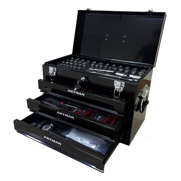 20'' Portable 3-Drawer Tool Box with Tool Set,4-Tier Tool Chest Organizer with Metal Latches,Top Storage Tray and Carrying Handle,Multi-Function Tool Storage for Garage,Home,Workbench,Black