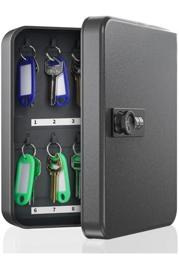 20 Position Key Cabinet with Combination Lock Resettable Black Digital Security Storage Box Steel Key Organizer with Colorful Key Tag Labels Stickers and Hooks