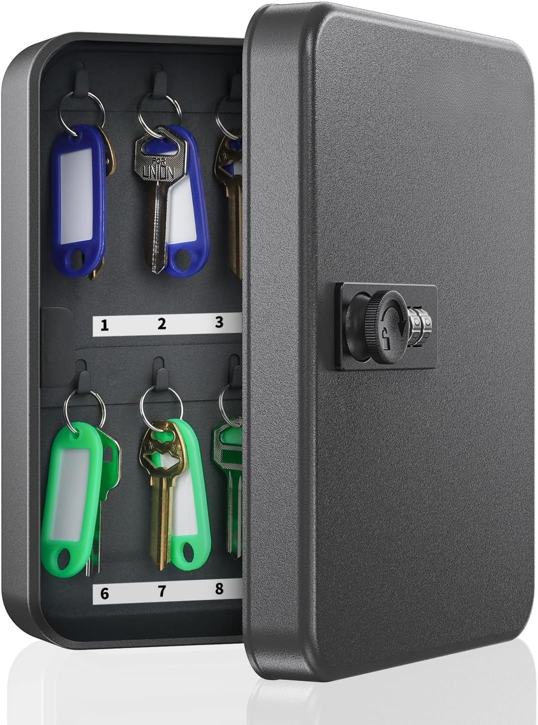 20 Position Key Cabinet with Combination Lock Resettable Black Digital Security Storage Box Steel Key Organizer with Colorful Key Tag Labels Stickers and Hooks