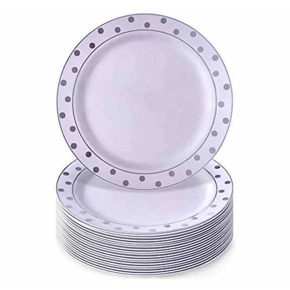 20 Premium Reusable Plastic Dinner Plates | Dots - Silver | 7.5"