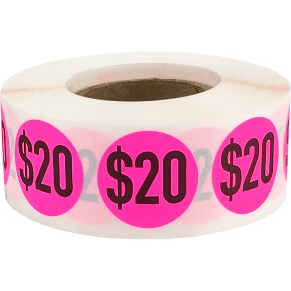 $20 Price Stickers Fluorescent Pink .75 Inch Round Circle Dots 500 Total Adhesive Stickers