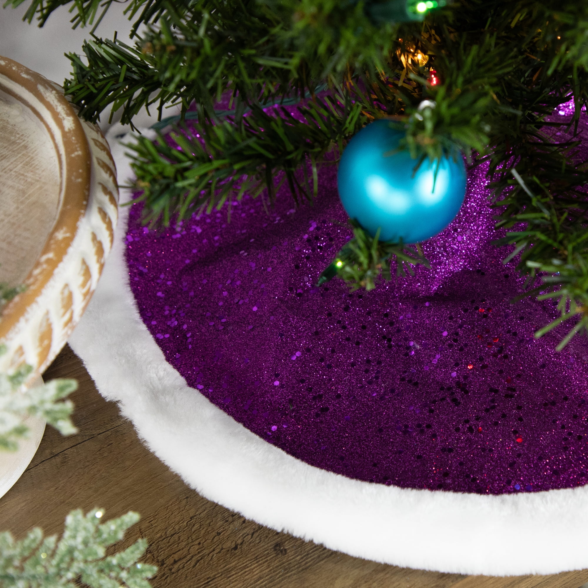 White Glitter Sequin Tree Skirt – 21 Inch Mini Christmas Tree Mat For Slim Pencil Trees