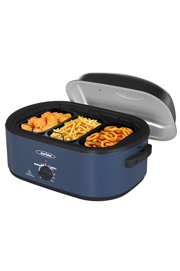 20 QT Electric Roaster Oven with 3 Compartments and Self-Basting Lid, Turkey Roaster Oven with 150-450°F Temperature Control, Removable Pan & Rack, Blue