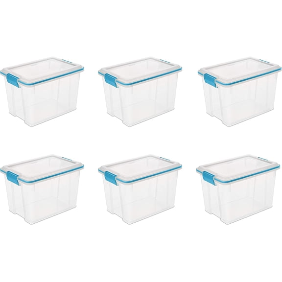20 Qt Gasket Box, Stackable Storage Bin with Latching Lid and Tight Seal, Plastic Container to Organize Basement, Clear Base and Lid, 6-Pack