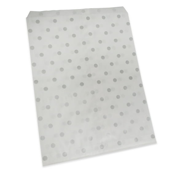 20 Qty 8.5" x 11" Decorative Flat Paper Gift Bags - Silver Polka-Dot on White Bags - for Sales/Treats/Parties Cookies/Gifts - N'icePackaging