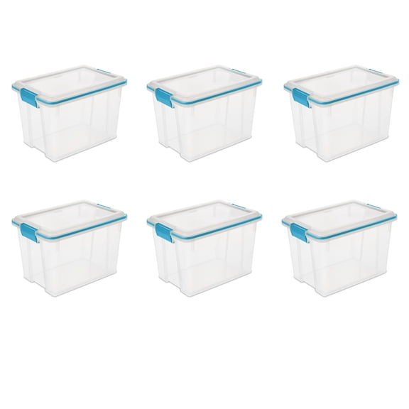 20 Quart Gasket Box, Weather-Resistant Small Clear Storage Bin with Latch Lid, Blue, 6 Count