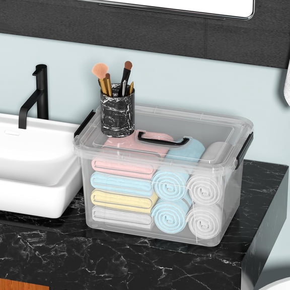 20 Quart Stackable Plastic Storage Bins with Latches and Handles, Clear Latching Organizer Box for Home Office Bedroom Bathroom, 4 Pack