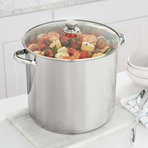 20 Quart Stainless Steel Stock Pot with Glass Lid Encapsulated Bottom Stay Cool Handles Dishwasher Safe for All Cooktops
