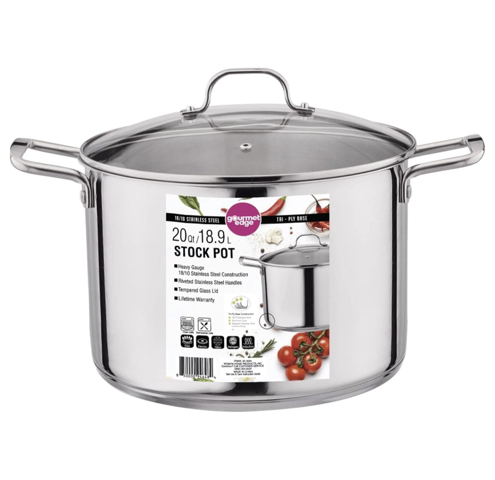20 Quart Stainless Steel Stock Pot with Glass Lid
