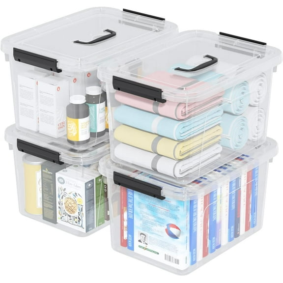 20 Quarts Stackable Plastic Storage Latches Box with Lid, Clear Latching Storage Bin with Handle, 4 Packs
