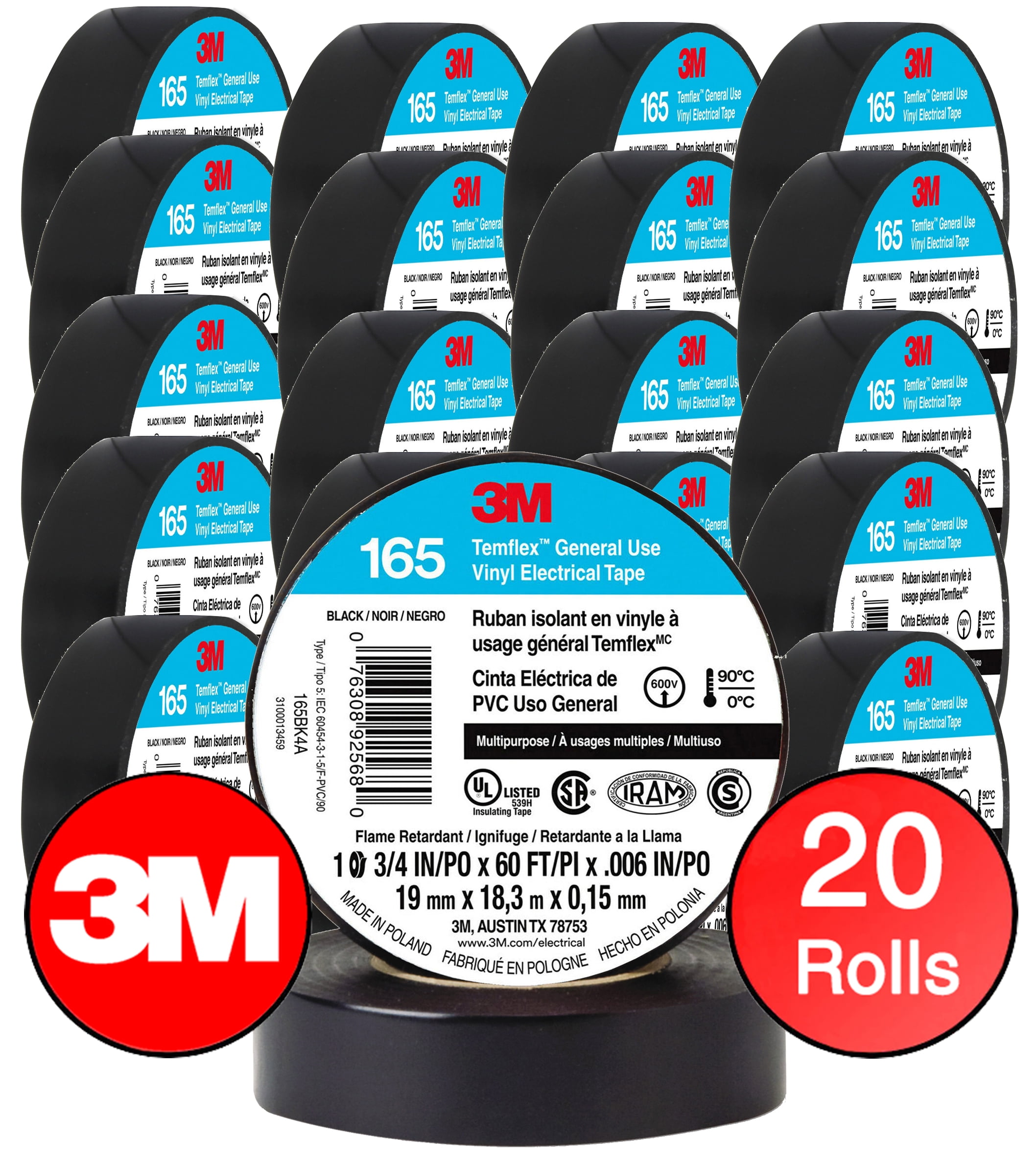 (20 ROLLS) 3M TEMFLEX 165 ELECTRICAL TAPE BLACK 3/4" x 60 FT INSULATED ELECTRIC