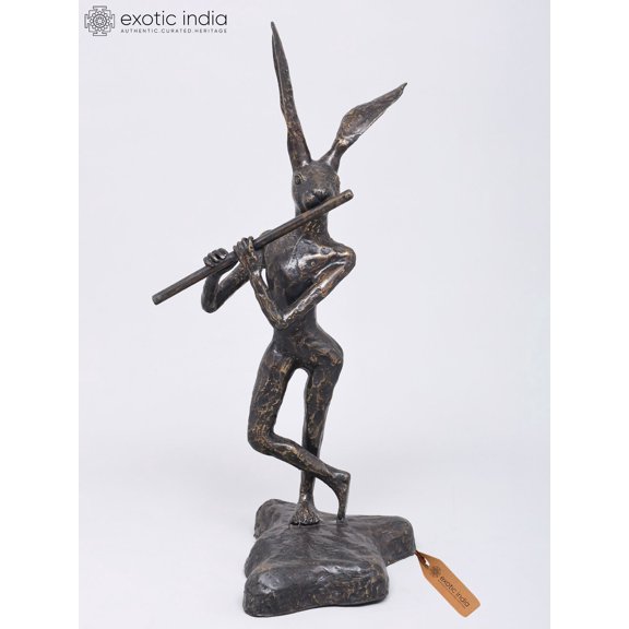 20" Rabbit Playing Flute Balinese Brass Statue