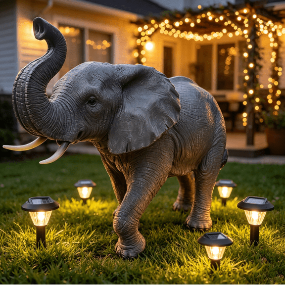 20" Raised Trunk Resin Elephant Statue, Weatherproof Yard Garden Ornament
