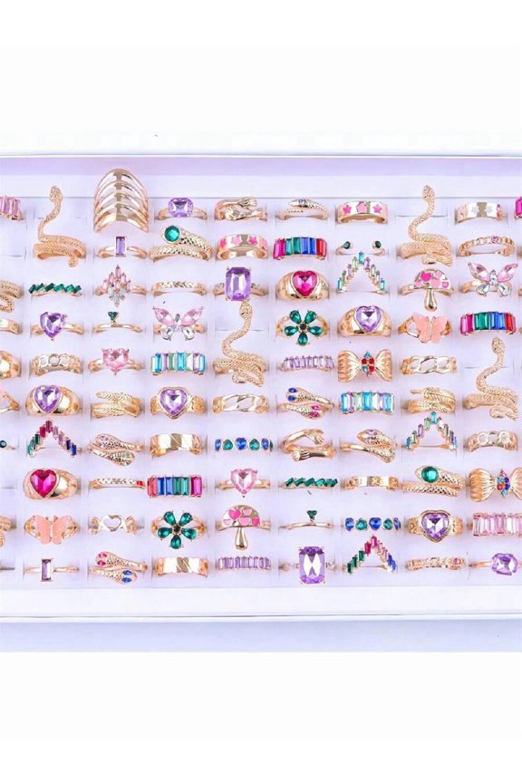 20 Random Colored Rings Set Goldtone Fashion Mixed Styles With Rhinestones Butterfly Snake Flower Heart Designs