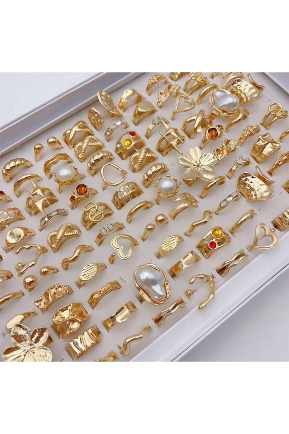 20 Random Gold Hollow Rings Set Fashion Mixed Styles Adjustable With Pearl Amber Rhinestone Decor