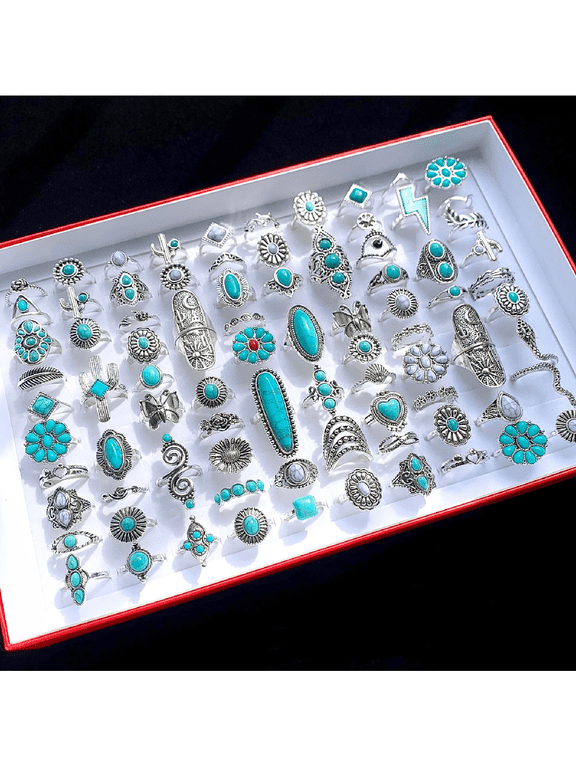 20 Random Turquoise Pinky Rings Bohemian Style Silver-Tone Artificial Stone Finger Jewelry Set For Women