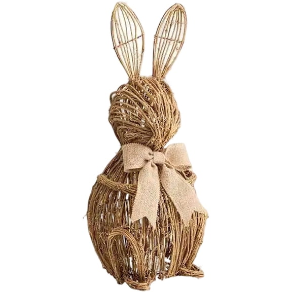 20" Rattan Woven Easter Bunny Decoration with Burlap Bow, Rustic Farmhouse Rabbit Statue for Outdoor Porch, Garden & Home Entryway Decor