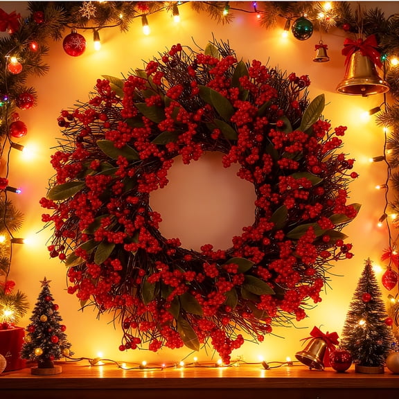 20" Red Berry Christmas Wreath, Artificial Holly Berry Wreath for Front Door, Indoor Outdoor Festive Decor, Holiday Home & Mantle Christmas Decoration