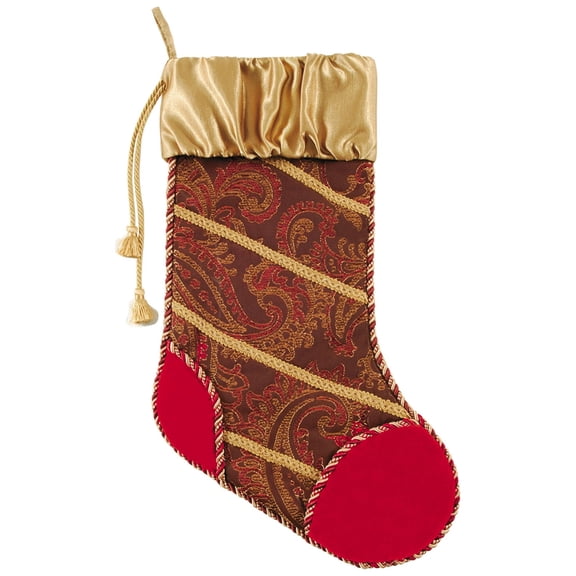 20" Red & Brown Neoclassic Christmas Hanging Large Stocking with Gold Satin Cuff & Gold Rope Tassels