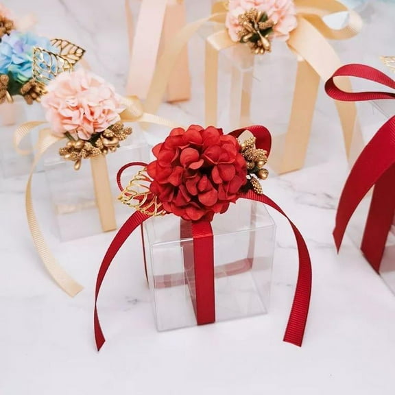 20 Red Gold Floral Ribbon Clear Candy Gift Box 3x3x3" inch, Party Favor Boxes