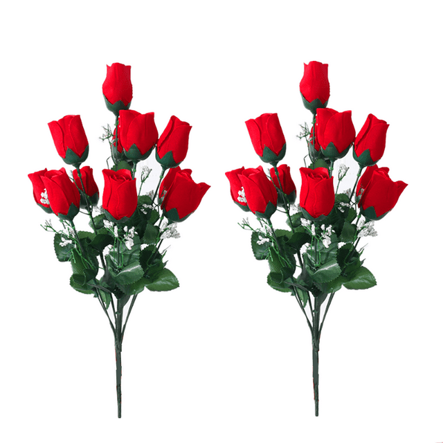 20 Red Rose Buds, Artificial Realistic Fake Silk Roses with Stem Flowers, Wedding Bouquets