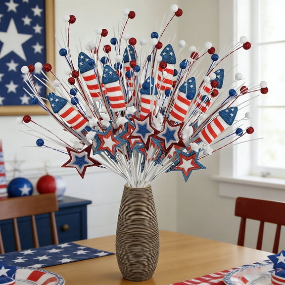 20" Red, White & Blue Rocket with Stars Pick, Independence Day Cuttings, Home Decor Props, Living Room And Dining Table Decorations, Patriotic Theme Decorations,Set of 6