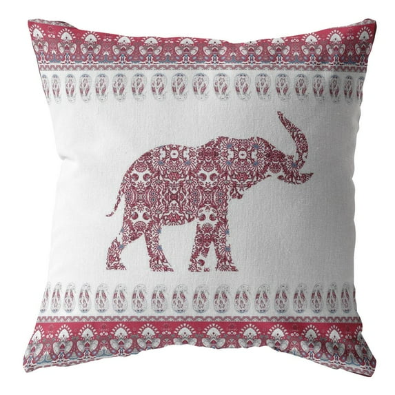 20†Red White Ornate Elephant Indoor Outdoor Zippered Throw Pillow