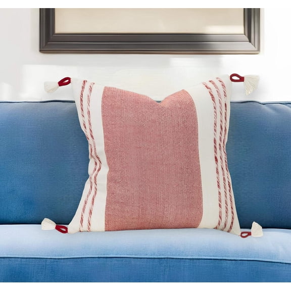 20" Red and White Color Block Cotton Throw Pillow With Tassels