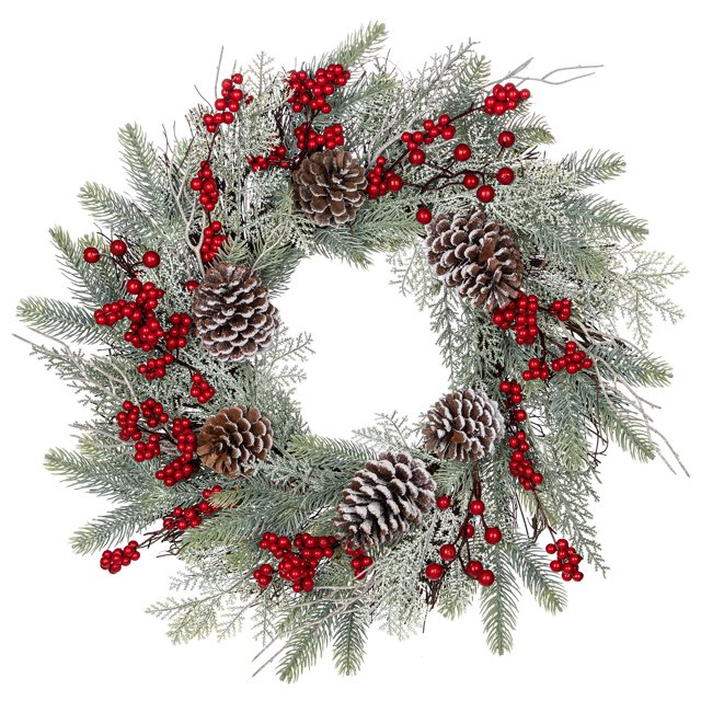 20" Red Berries Christmas Wreath Frost Winter Wreath with Big Pine Cone