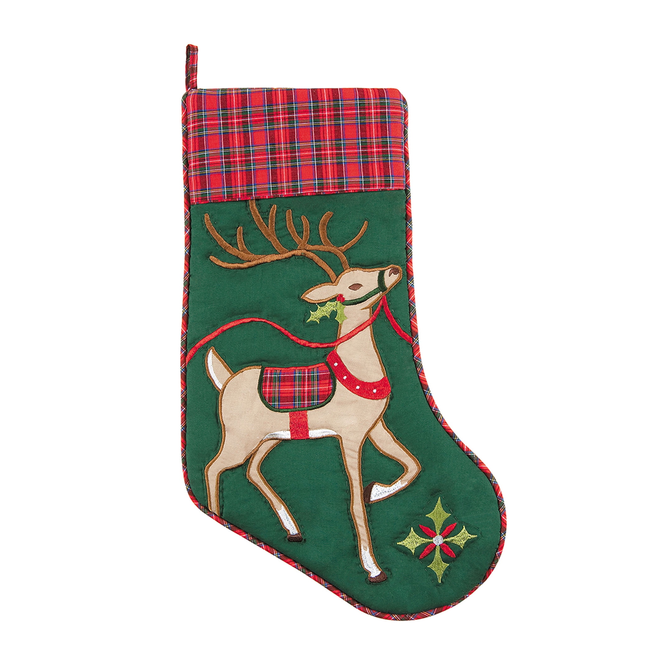20" Reindeer Wonderland Quilted with Plaid Cuff Hanging Large Christmas Stocking