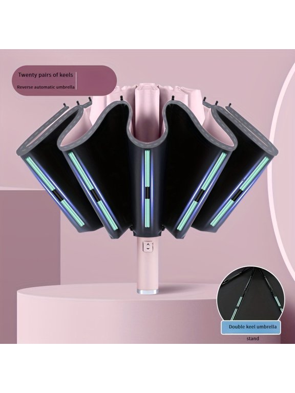 20 Ribs Double Keel Reverse Automatic Folding Umbrella, Windproof Inverted Auto Open Close Umbrella with Reflective Strip & Black Coating for Rain Sun Protection