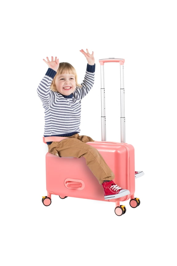 20" Ride on Suitcase for Kids, Carry On Luggage with Kid Seat, Foldable Handlebars Pedals and Removable Wheels Holds up to 110 lbs Luggage Travel Rolling Suitcases for Boys Girls (Pink)