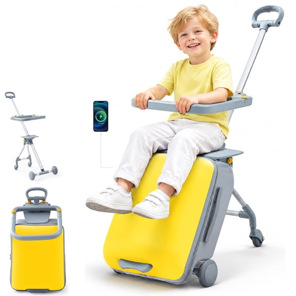 20" Ride-on Luggage with Charging Port, Lukstr Carry-On Luggage with Detachable Kids Seat, Silent Wheels, Safety Guardrail, TSA Lock for Airplane Travels, Yellow