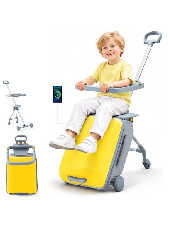 20" Ride-on Luggage with Charging Port, Lukstr Carry-On Luggage with Detachable Kids Seat, Silent Wheels, Safety Guardrail, TSA Lock for Airplane Travels, Yellow