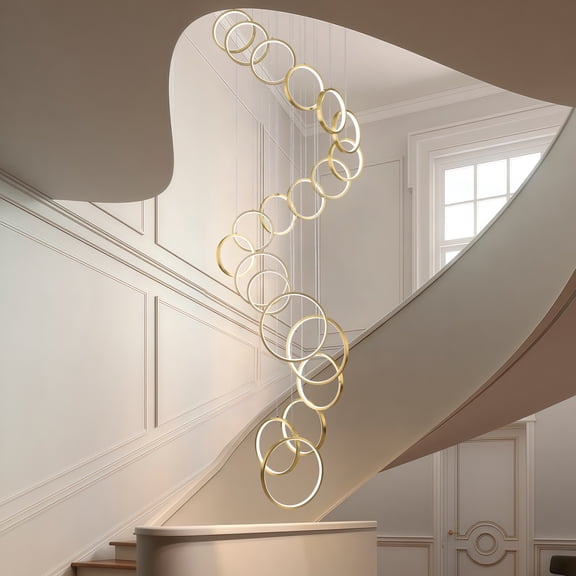 20-Ring Gold LED Chandelier for High Ceilings, 157" Adjustable Height Modern Light Fixture with Remote Dimmable & 3 Color Temps for Foyer Staircase Living Room Entryway