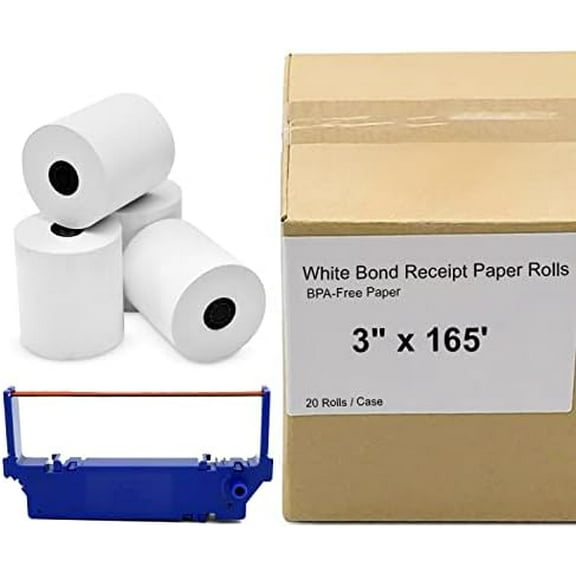 20 Roll Case of 3" x 165' Clover White Bond Receipt Roll Paper for Star SP700 Printer and 1 Star RC700BR Black/Red Printer Ink Ribbon$$Office