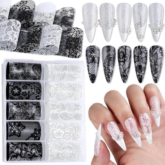20 Rolls Black White Lace Nail Foil Sheets, Flower Transfer Nail Art Stickers, Holographic Foils for DIY Nails