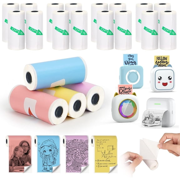 20 Rolls Mini Thermal Sticker Printer Paper 57x25mm Inkless Self-adhesive Paper for Pocket Bluetooth Receipt Printer for Photo,DIY,Note,Memo(16 White+4 Color)