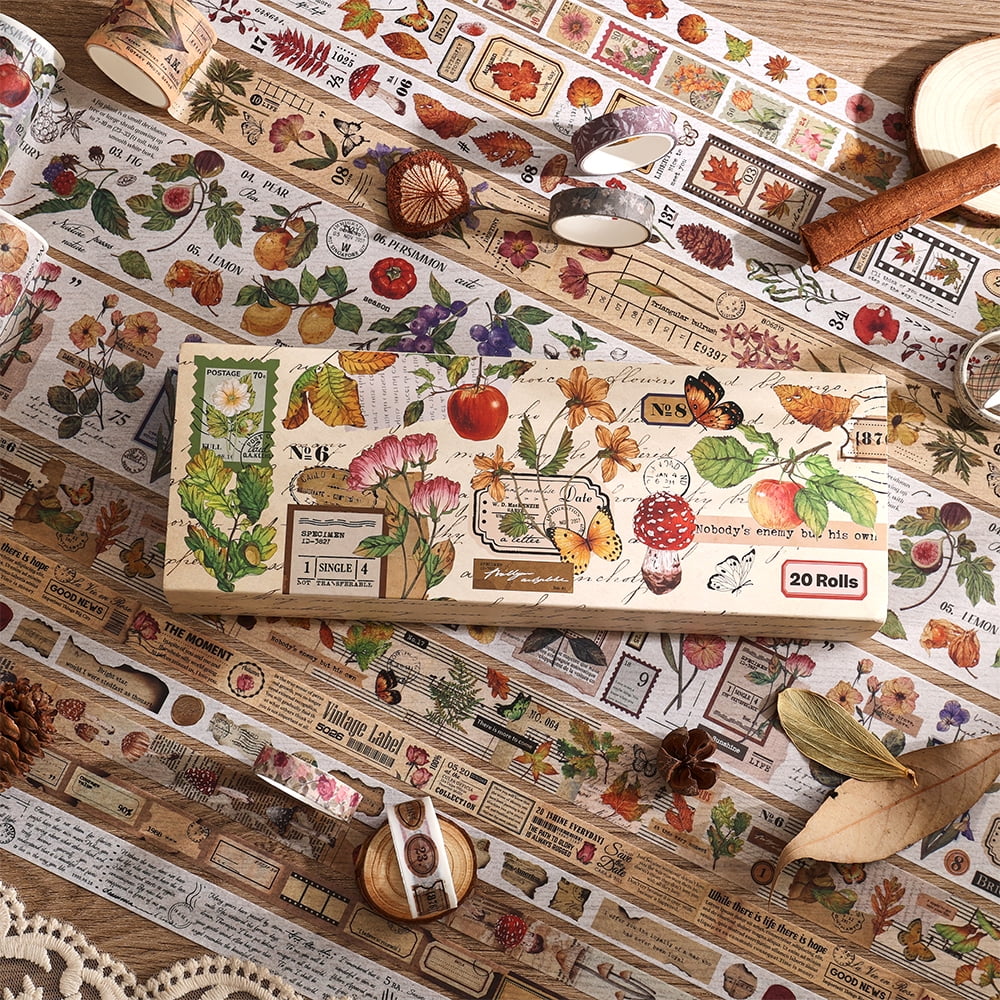 20 Rolls Vintage Plant Flower Washi Tape Set 5 Different Width Masking Tape For Notebook Scrapbooking Journaling Supplies Junk Journal Bullet Journal DIY Art Crafts