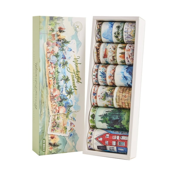 20 Rolls Vintage Washi Tapes Set Wonderful Journey Landscape Scrapbppking Sticker Tapes 5 Different Size Widths 2M (2.2 Yards) Long Masking Tape For DIY Craft Planner Notebook Journaling Supplies