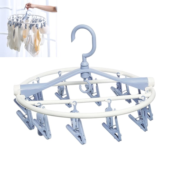 20 Rotating Clips Foldable Drying Hanger, Portable Plastic Laundry Rack, Multi-Purpose Closet Organizer for Underwear Socks, Indoor Balcony Outdoor Drying,Blue
