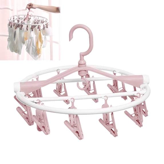 20 Rotating Clips Foldable Drying Hanger, Portable Plastic Laundry Rack, Multi-Purpose Closet Organizer for Underwear Socks, Indoor Balcony Outdoor Drying,Pink