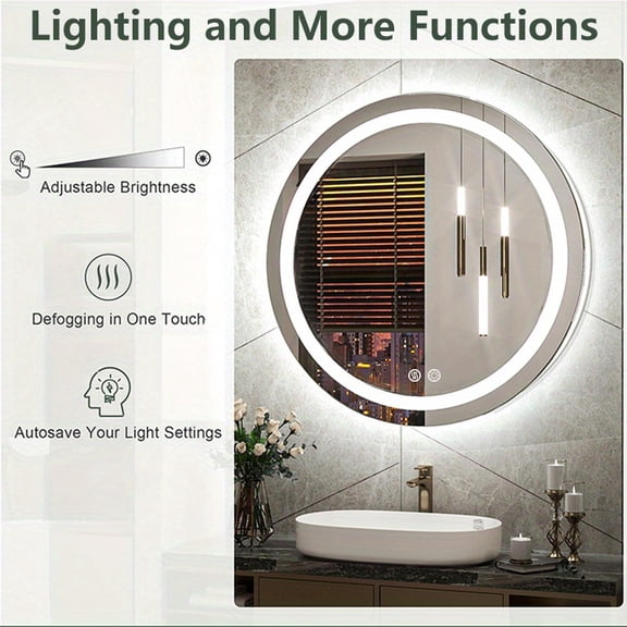 20" Round Smart LED Bathroom Mirror with Lights, Anti-Fog, Dimmable, Wall-Mounted Vanity Mirror, HD Makeup & Shaving, Memory Function, Tempered Shatter-Proof Glass, US Plug, Modern Bathroom Decor