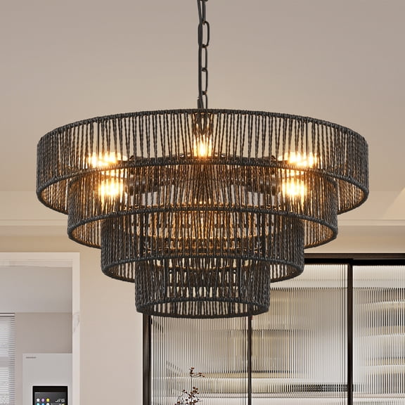 20" Rustic 4-Tier Black Hemp Rope Pendant Light, 6 E12 Sockets Boho Chandelier for Dining Room Kitchen Island Foyer, Handmade Tiered Ceiling Fixture (Bulb Not Included)