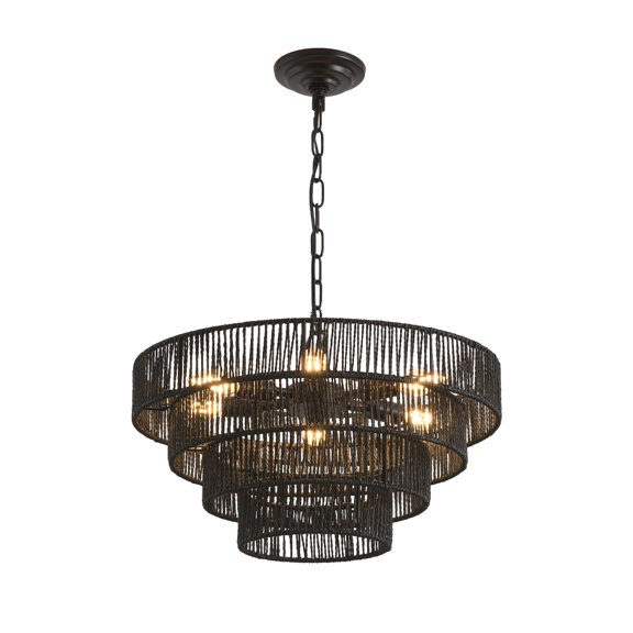 20" Rustic 4-Tier Black Hemp Rope Pendant Light Chandelier with 6 E12 Sockets, Handmade Tiered Boho Ceiling Light Fixture for Dining Room, Kitchen, or Foyer (Bulb Not Included)