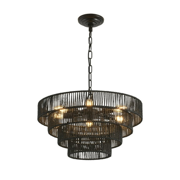20" Rustic 4-Tier Black Hemp Rope Pendant Light Chandelier with 6 E12 Sockets, Handmade Tiered Boho Ceiling Light Fixture for Dining Room, Kitchen, or Foyer (Bulb Not Included)