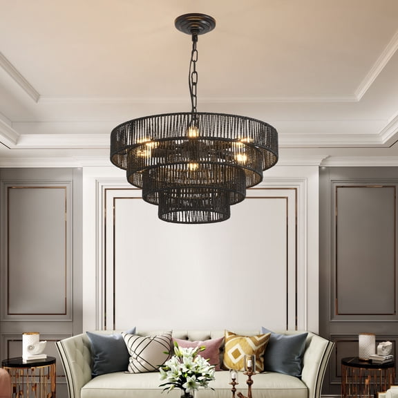 20" Rustic 4-Tier Black Hemp Rope Pendant Light, Handmade Woven Chandelier with 6 E12 Sockets, Industrial Boho Hanging Ceiling Fixture for Dining Room Kitchen Foyer Island, Bulbs Not Included