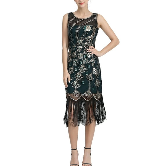 20'S Cocktail Party Dress 1920S Sequined Flapper Sleeveless Midi Length