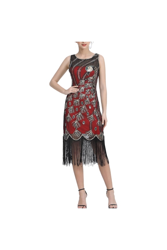 20'S Dress Prom Peacock Deco Beaded Flapper Dress Sequin Embroidered Tassel Hem
