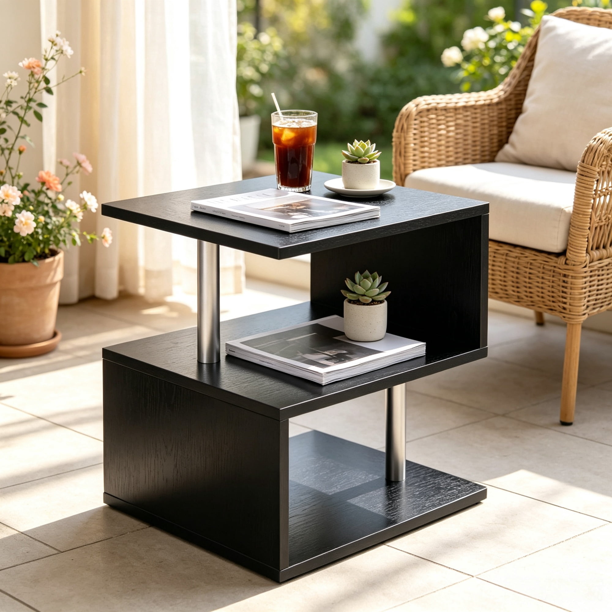 20" S-Shaped End Table with Storage Shelf & Steel Poles, Sleek Black Accent Side Table for Living Room